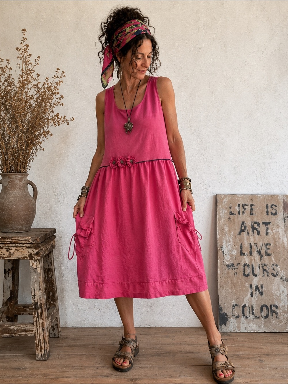 Italian Linen Lagenlook Wearable Art Dress Pink Floral Midi Avant Garde European